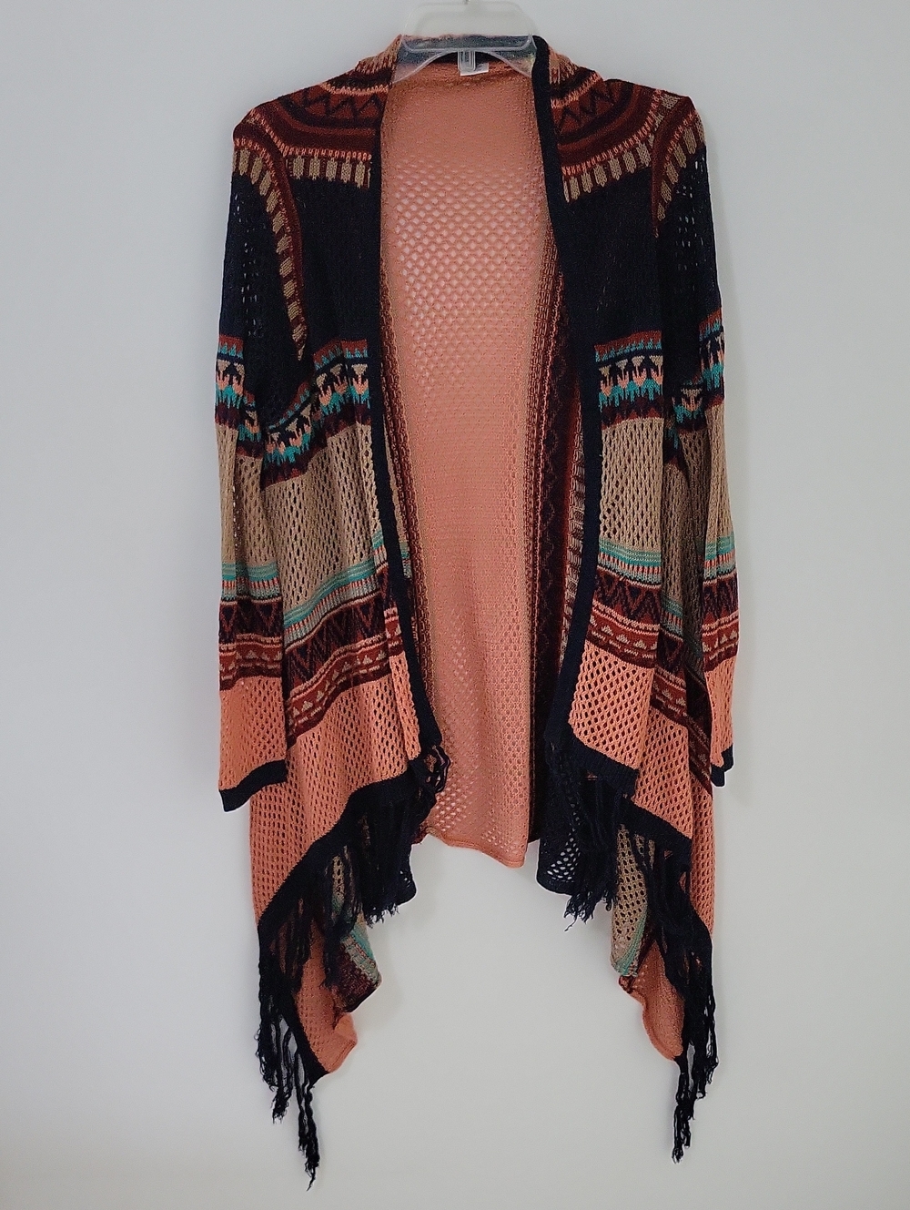 Say What? Aztec Open Fringe Knit Cardigan, Size 2X